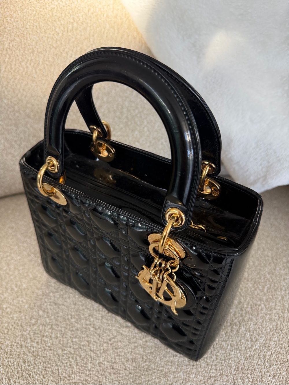 Dior Lady Dior Medium Black Patent Cannage Gold Hardware with Strap - Picture 3 of 13